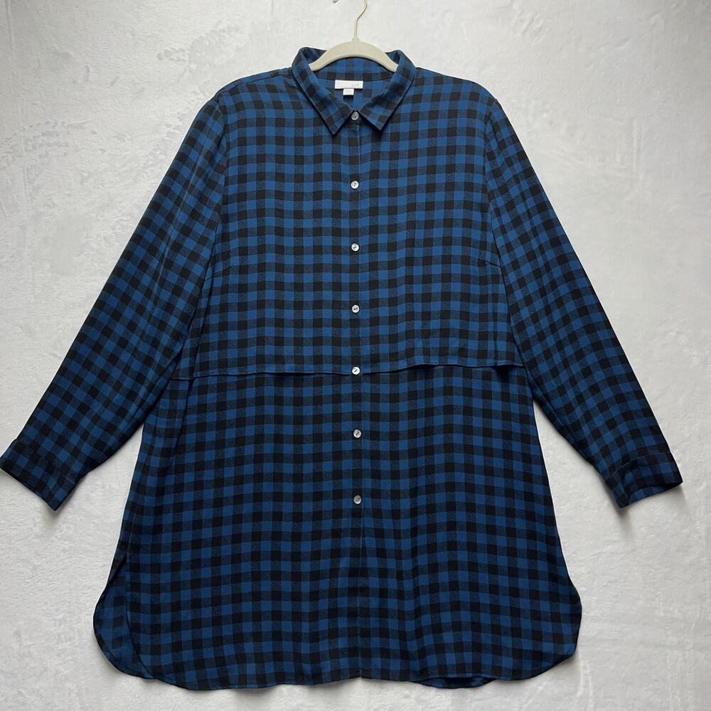 J. Jill Blue and Black Check Button-Front Mini Dress